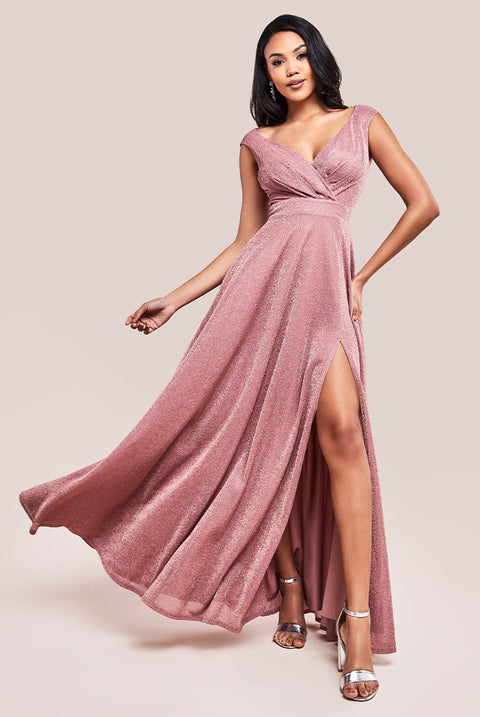 Goddiva Crossover Lurex Glitter Maxi Dress - Dark Rose