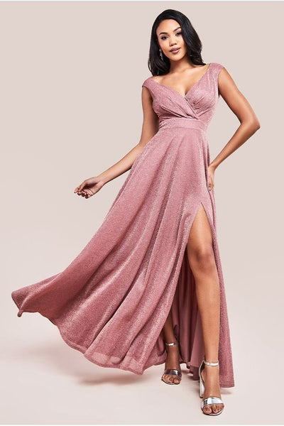 DarkRose - Goddiva Crossover Lurex Glitter Maxi Dress - Dark Rose