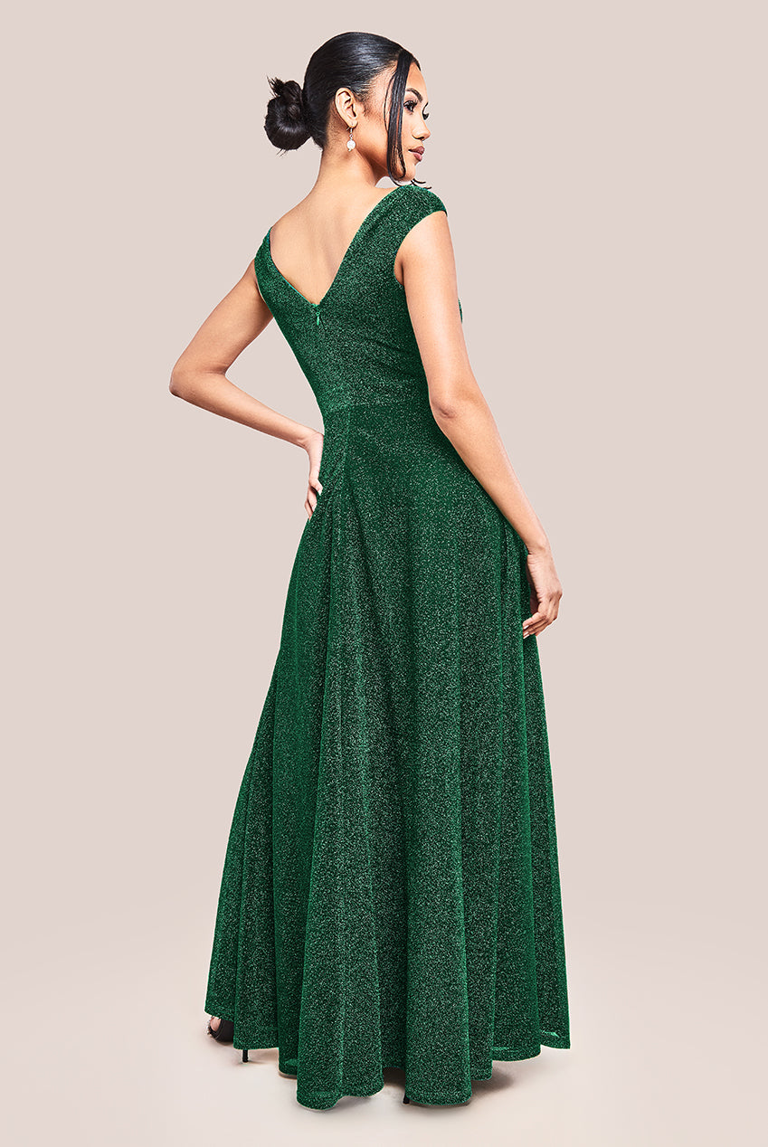 Goddiva Crossover Lurex Glitter Maxi Dress - Emerald