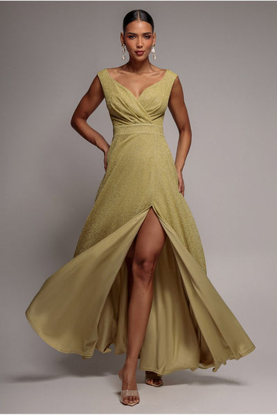 Gold - Goddiva Crossover Lurex Glitter Maxi Dress - Gold