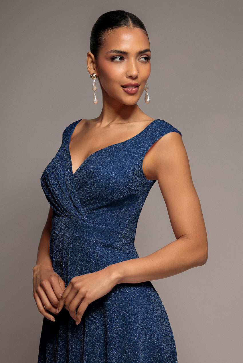 Goddiva Crossover Lurex Glitter Maxi Dress - Navy Blue