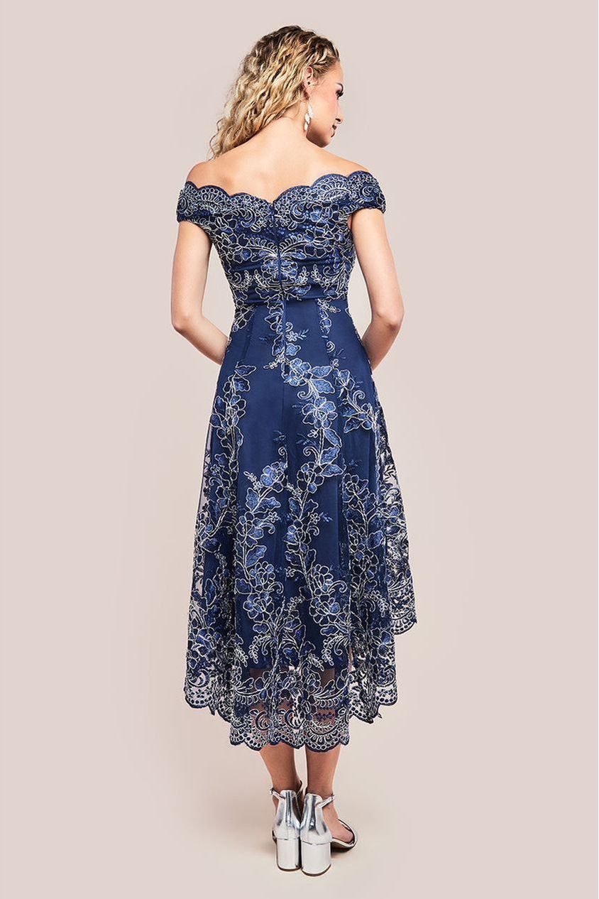 Goddiva Embroidered Lace Midi Asymmetrical Hem - Navy Silver