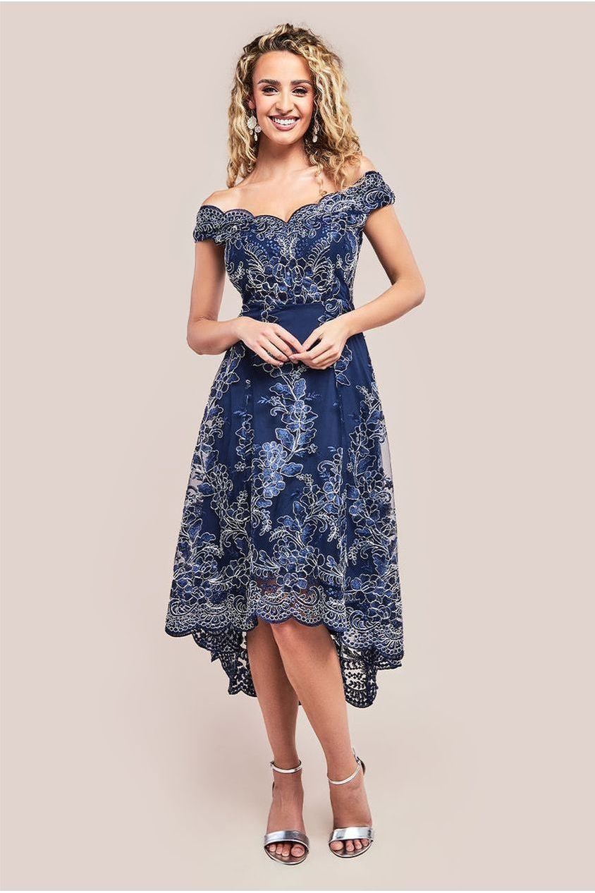 Goddiva Embroidered Lace Midi Asymmetrical Hem - Navy Silver