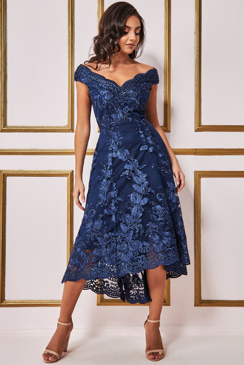 Goddiva Embroidered Lace Midi Asymmetrical Hem Navy