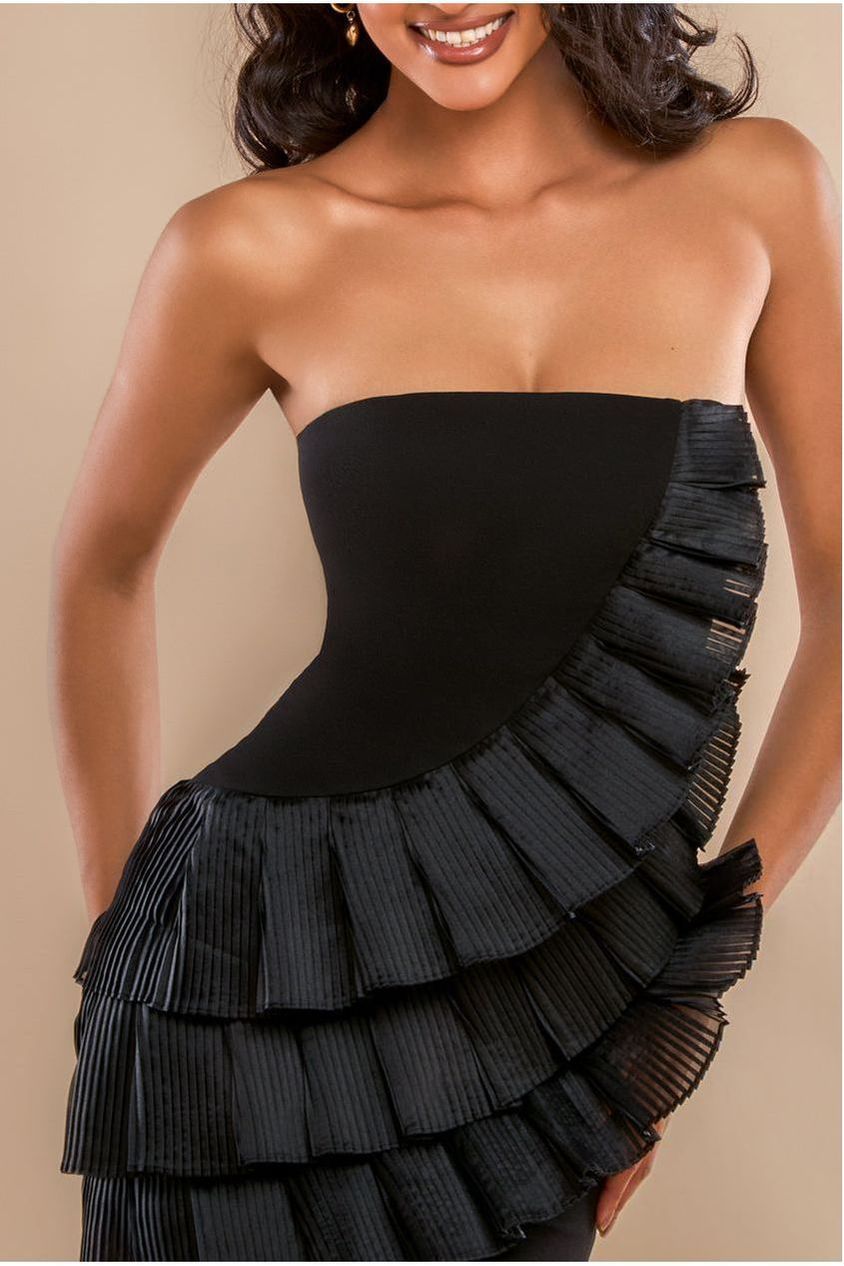 Goddiva Fan Pleated Boobtube Scuba Crepe Mini - Black