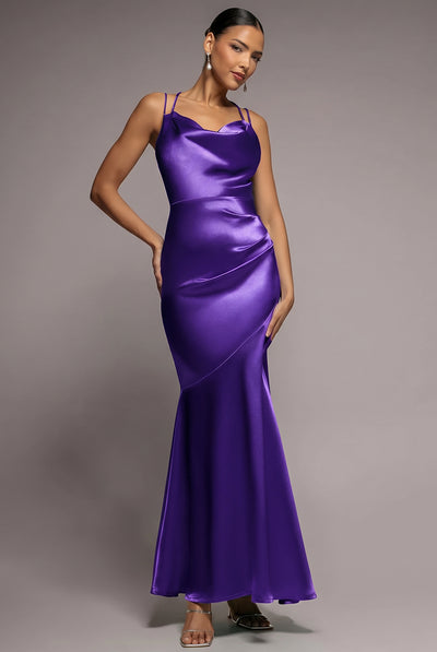 Goddiva Cowl Neck With Strappy Back Satin Maxi - Purple