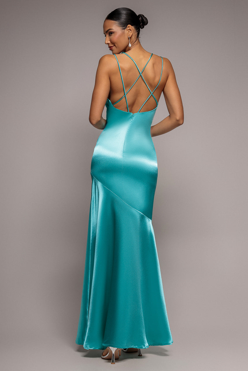 Goddiva Satin Cowl Neck With Strappy Back Maxi - Aqua