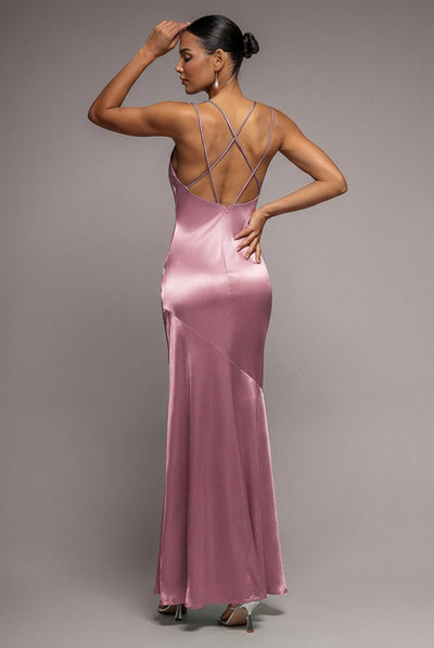 Blush - Goddiva Cowl Neck With Strappy Back Satin Maxi - Blush