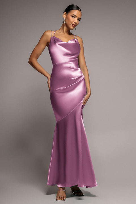Goddiva Satin Cowl Neck With Strappy Back Maxi - Pink