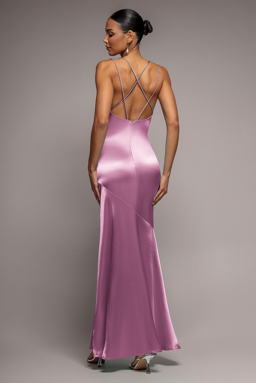 Goddiva Satin Cowl Neck With Strappy Back Maxi - Pink
