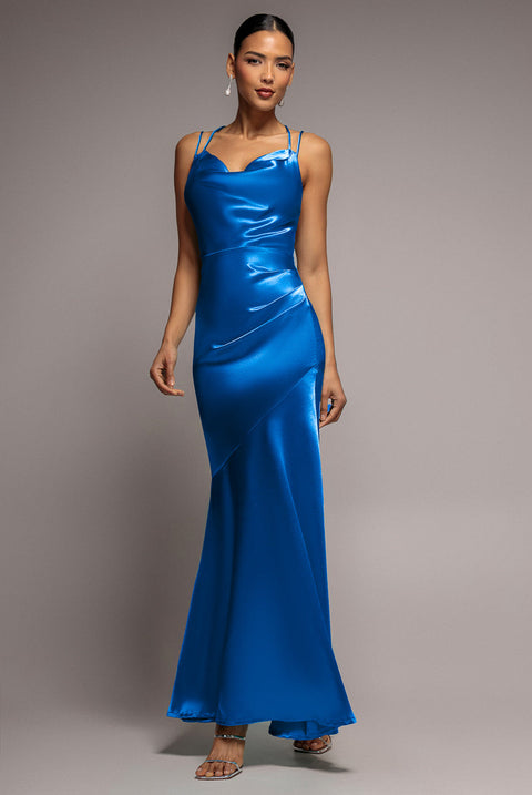 Goddiva Cowl Neck With Strappy Back Satin Maxi - Royal Blue