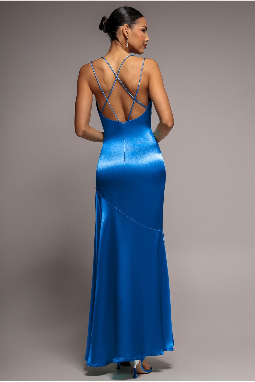 Goddiva Cowl Neck With Strappy Back Satin Maxi - Royal Blue