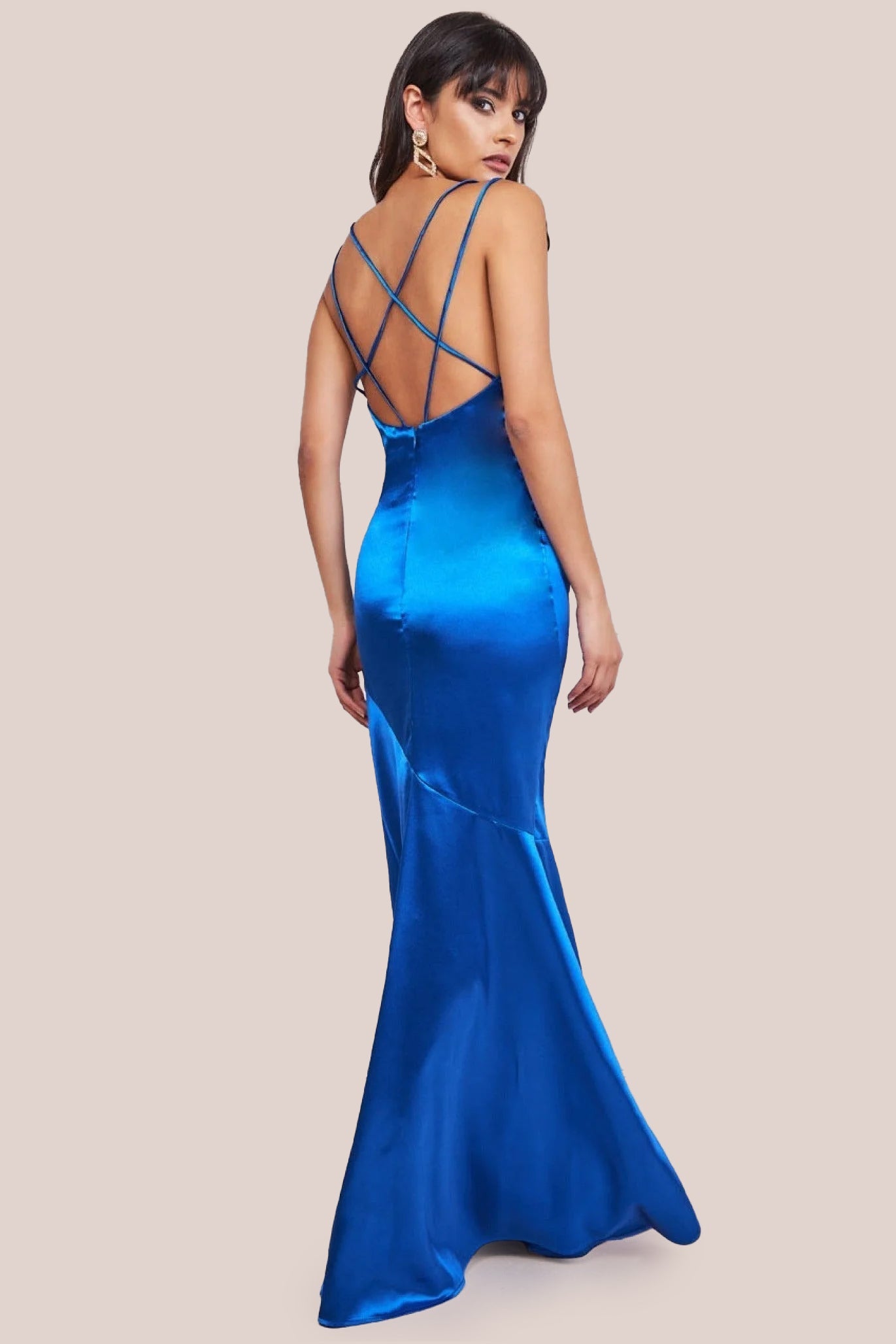 Goddiva Cowl Neck With Strappy Back Satin Maxi - Royal Blue