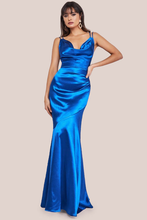 Goddiva Cowl Neck With Strappy Back Satin Maxi - Royal Blue