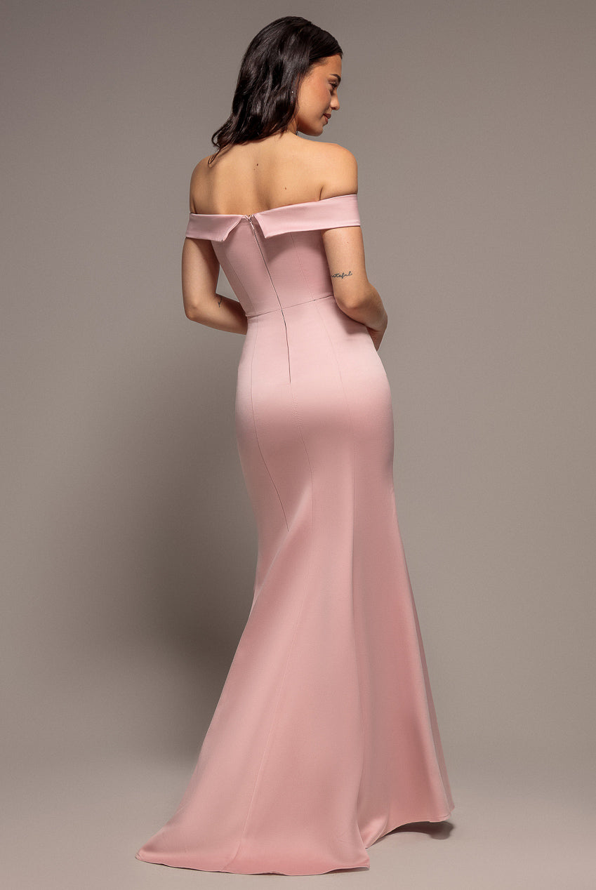 Goddiva Satin Bardot Bow Maxi Dress - Nude