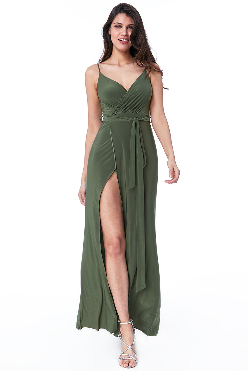City Goddess Wrap Front Maxi Slip Dress With Waist Tie-Up - Olive