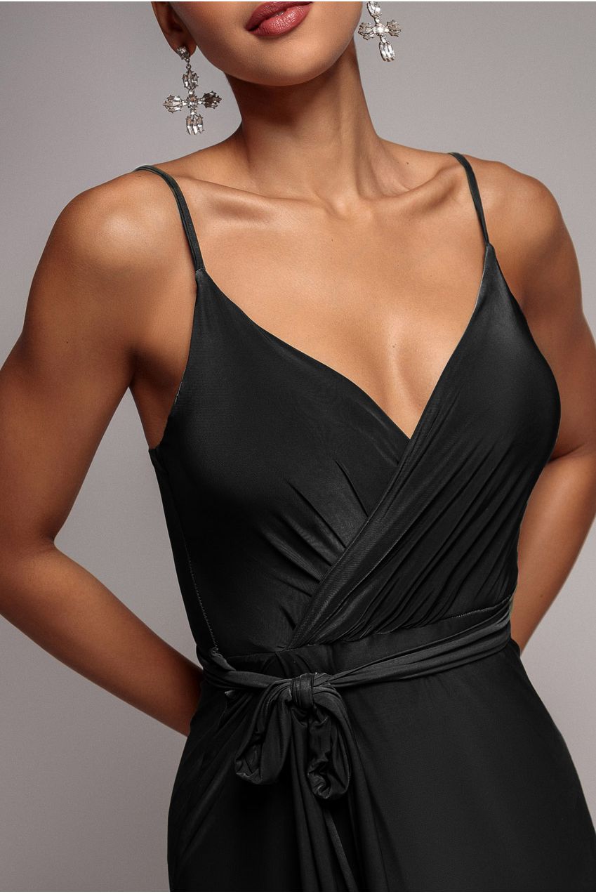 City Goddess Wrap Front Maxi Slip Dress With Waist Tie-Up - Black
