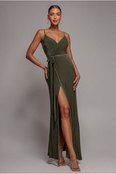 Olive - City Goddess Wrap Front Maxi Slip Dress With Waist Tie-Up - Olive Green