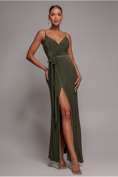 City Goddess Wrap Front Maxi Slip Dress With Waist Tie-Up - Olive Green