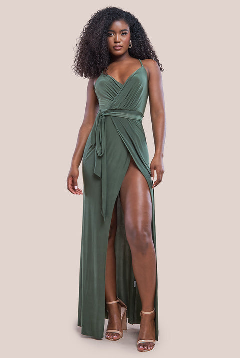 City Goddess Wrap Front Maxi Slip Dress With Waist Tie-Up - Olive Green