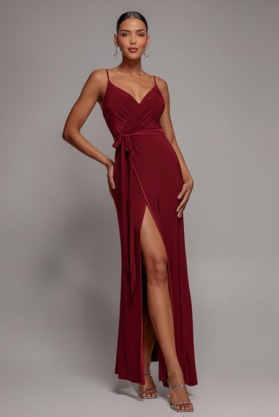 Wine - Goddiva Wrap Front Maxi Slip Dress With Waist Tie-Up - Wine