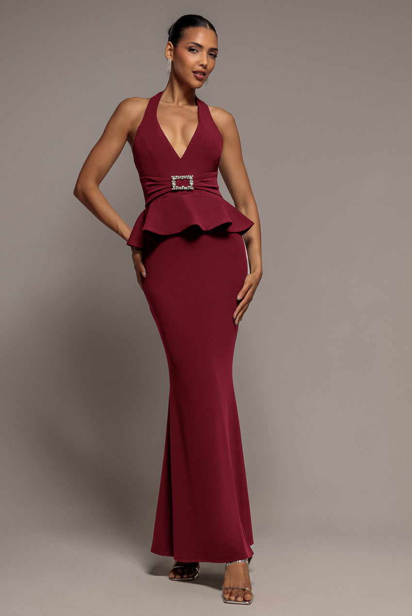 Goddiva Peplum Halter Neck Maxi Dress With Diamante Buckle - Wine
