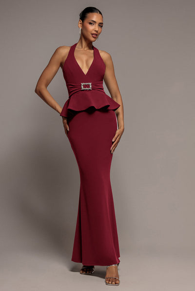 Wine - Goddiva Peplum Halter Neck Maxi Dress With Diamante Buckle - Wine