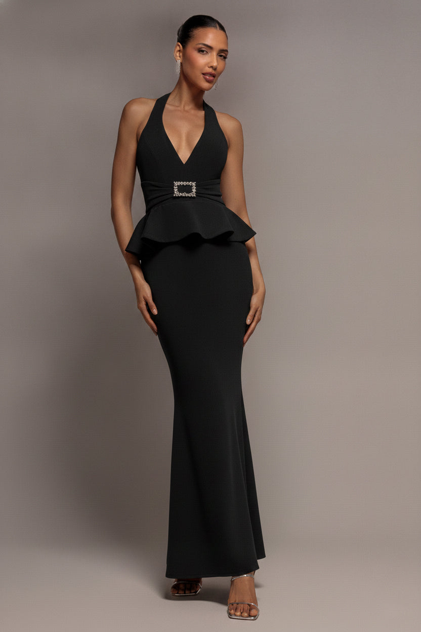 Goddiva Peplum Halter Neck Maxi Dress With Diamante Buckle - Black