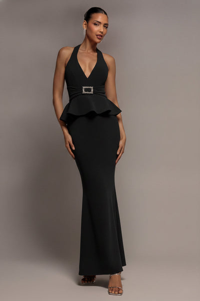 Black - Goddiva Peplum Halter Neck Maxi Dress With Diamante Buckle - Black