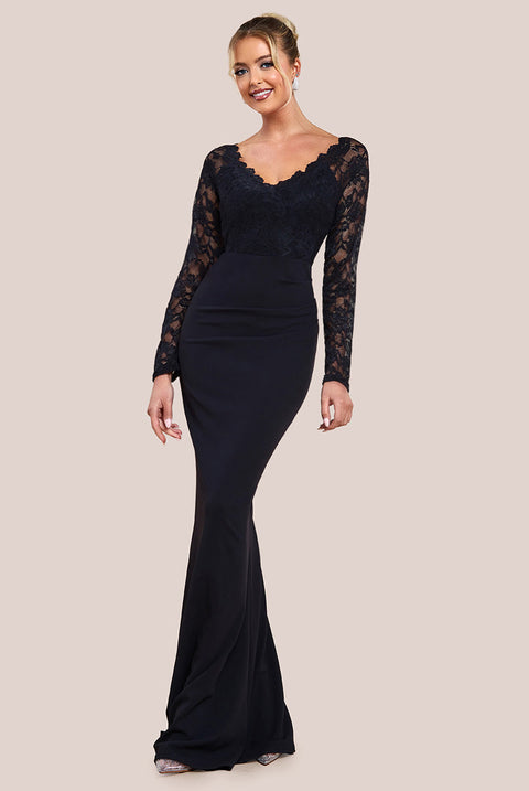 Goddiva Scalloped Lace & Scuba Maxi Dress - Black