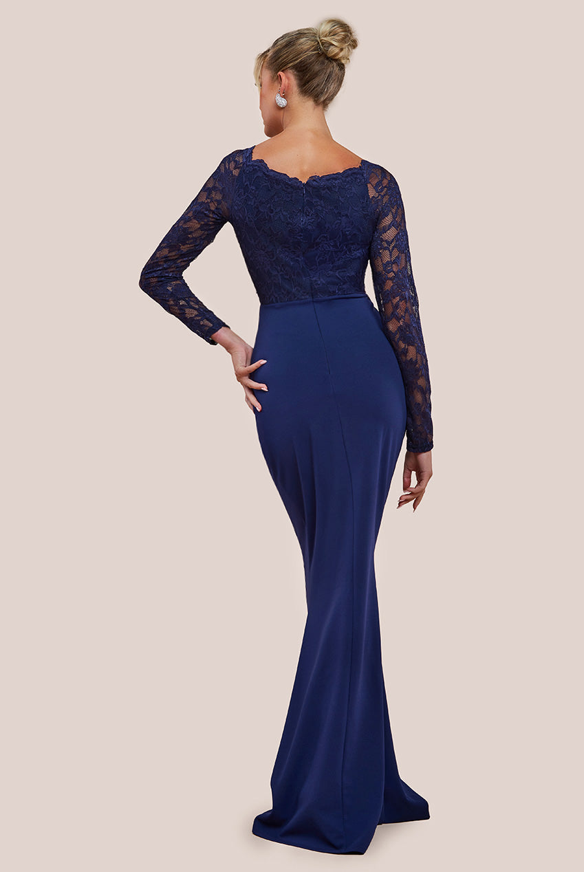 Goddiva Scalloped Lace & Scuba Maxi Dress - Navy