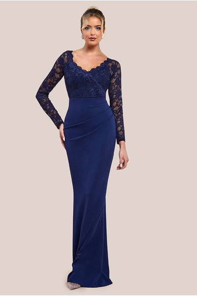 Navy - Goddiva Scalloped Lace & Scuba Maxi Dress - Navy