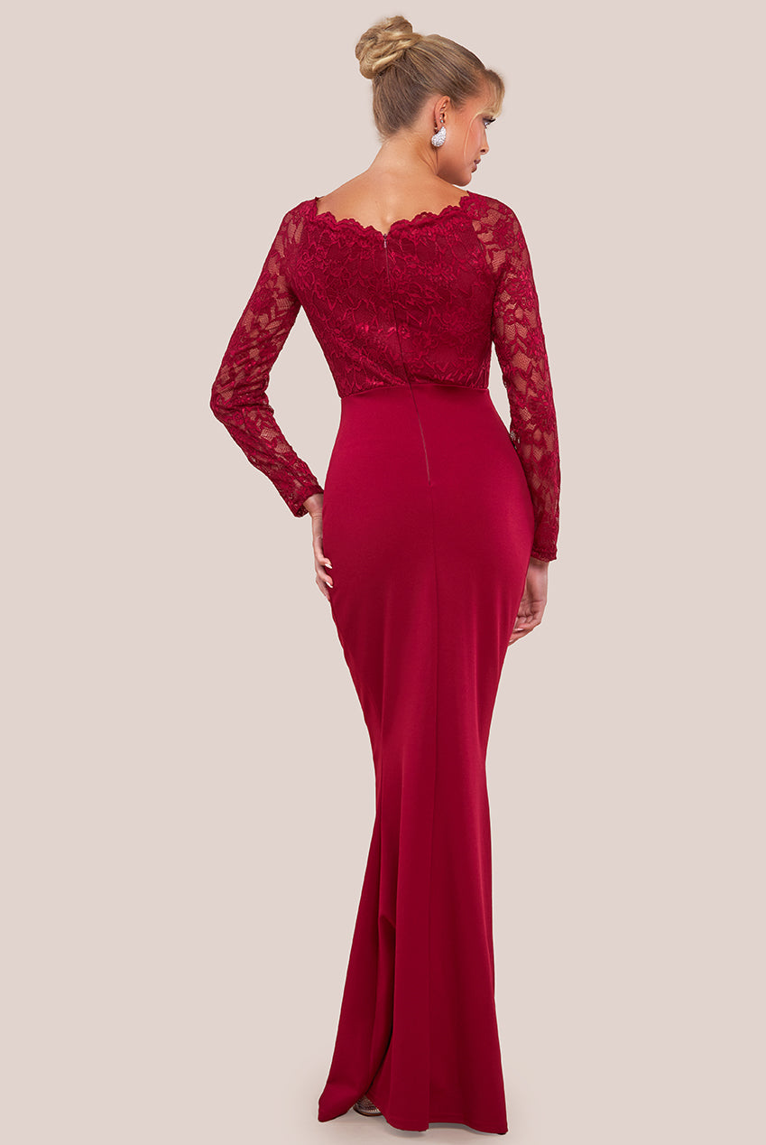 Goddiva Scalloped Lace & Scuba Maxi Dress - Wine