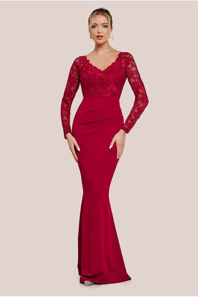 Wine - Goddiva Scalloped Lace & Scuba Maxi Dress - Wine