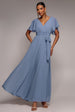 Goddiva Chiffon Flutter Sleeve Wrap Maxi Dress - Airforce Blue