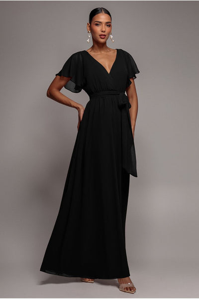 Black - Goddiva Chiffon Flutter Sleeve Wrap Maxi Dress - Black
