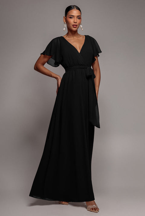 Goddiva Chiffon Flutter Sleeve Wrap Maxi Dress - Black