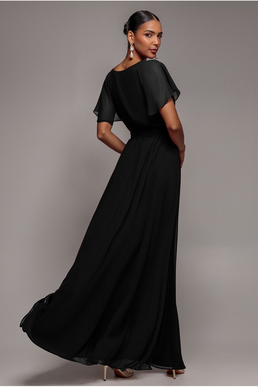 Goddiva Chiffon Flutter Sleeve Wrap Maxi Dress - Black
