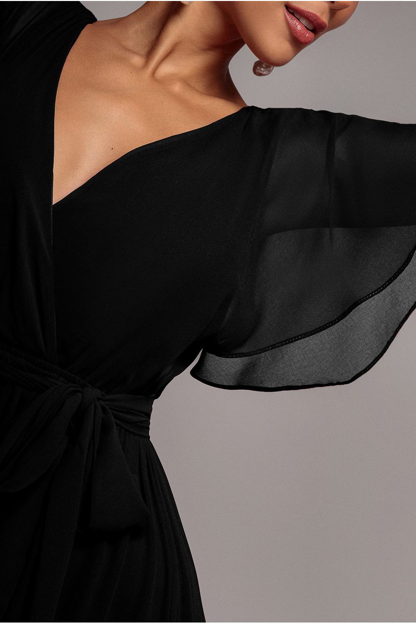 Goddiva Chiffon Flutter Sleeve Wrap Maxi Dress - Black
