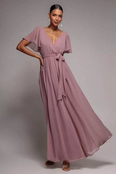 Dusk - Goddiva Chiffon Flutter Sleeve Wrap Maxi Dress - Dusk