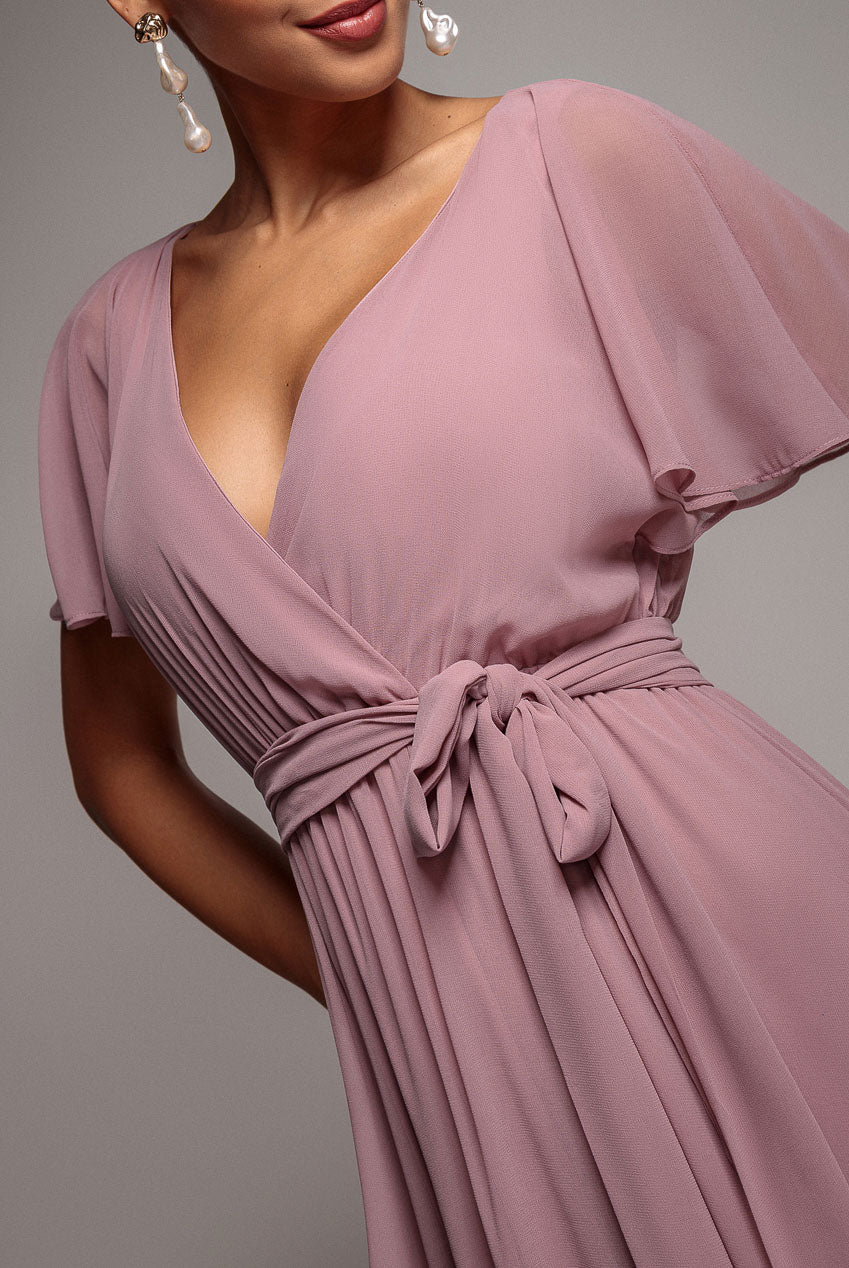 Goddiva Chiffon Flutter Sleeve Wrap Maxi Dress - Dusk