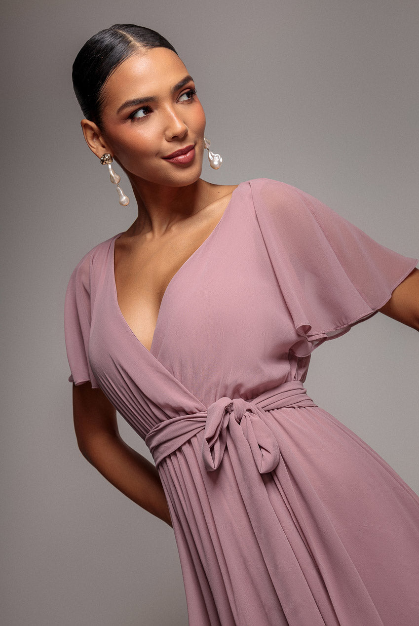 Goddiva Chiffon Flutter Sleeve Wrap Maxi Dress - Dusk