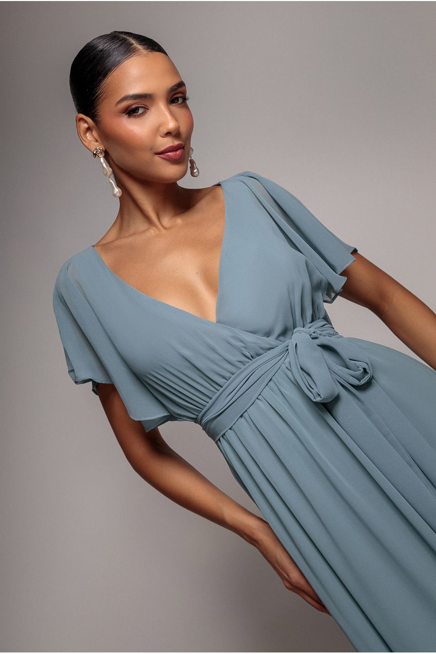 Goddiva Chiffon Flutter Sleeve Wrap Maxi Dress - Dusty Blue