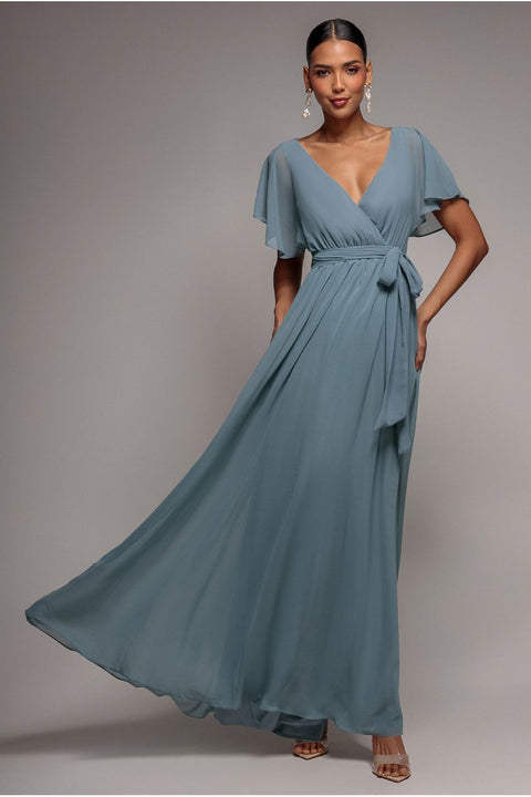 Goddiva Chiffon Flutter Sleeve Wrap Maxi Dress - Dusty Blue