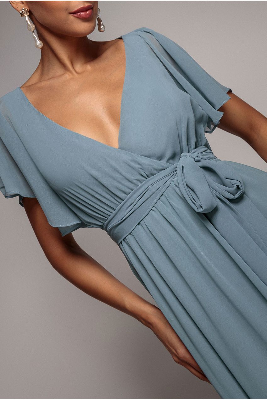 Goddiva Chiffon Flutter Sleeve Wrap Maxi Dress - Dusty Blue