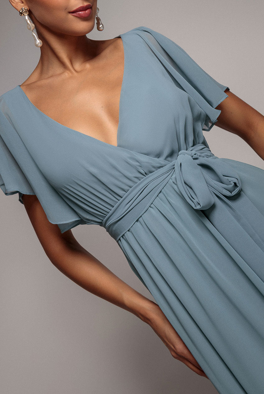 Goddiva Chiffon Flutter Sleeve Wrap Maxi Dress - Dusty Blue