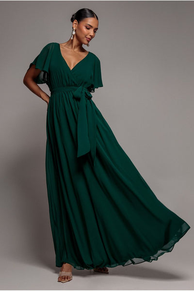 Goddiva Sustainable Chiffon Flutter Sleeve Wrap Maxi Dress