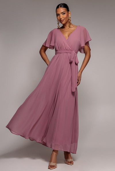 Lavender - Goddiva Sustainable Chiffon Flutter Sleeve Wrap Maxi Dress - Lavender