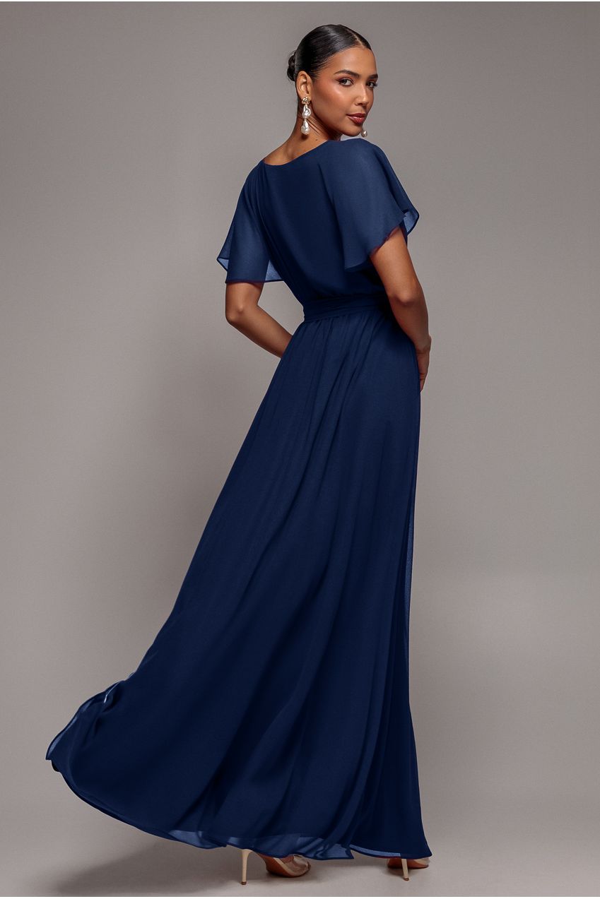 Goddiva Sustainable Chiffon Flutter Sleeve Wrap Maxi Dress - Navy