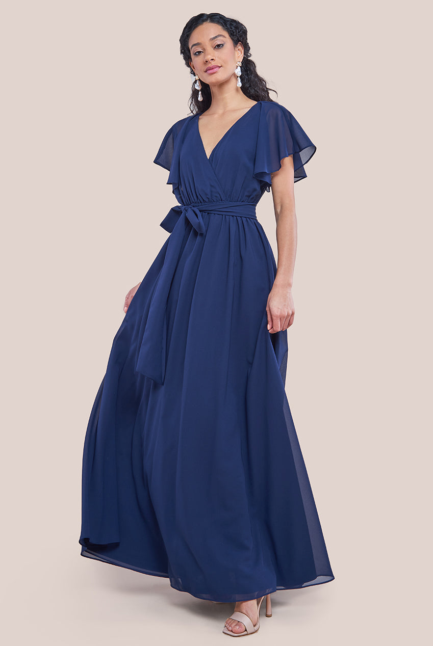 Goddiva Sustainable Chiffon Flutter Sleeve Wrap Maxi Dress - Navy